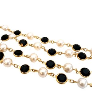 Sworvski Crystal Necklace Black Bezel Set White Faux Pearl Gold Tone Swan Stamp